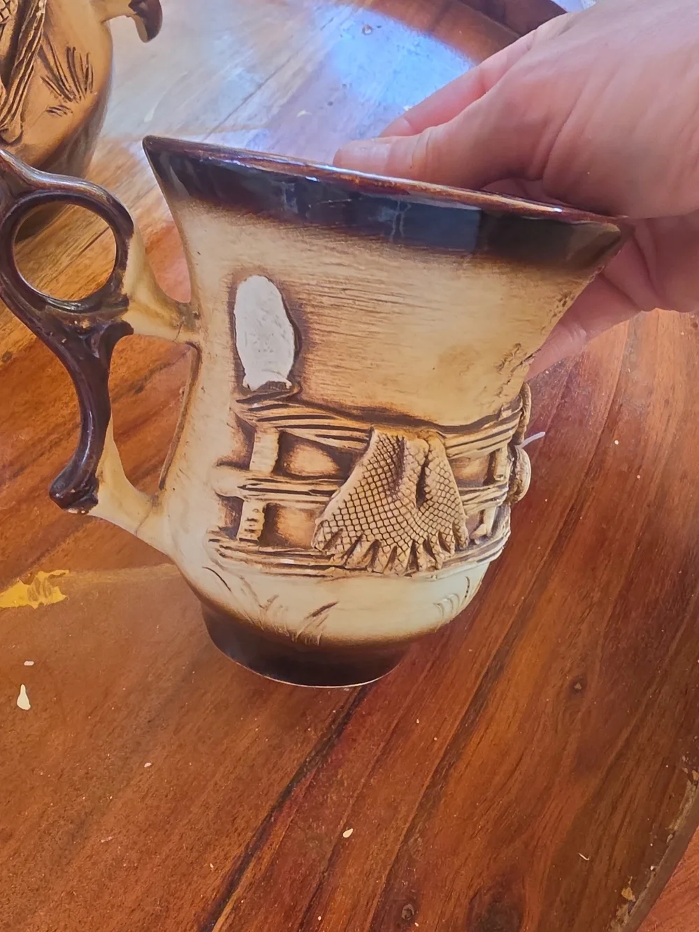 Handcrafted Beige and Brown Ceramic Pitcher with Matching Mugs Cottagecore
